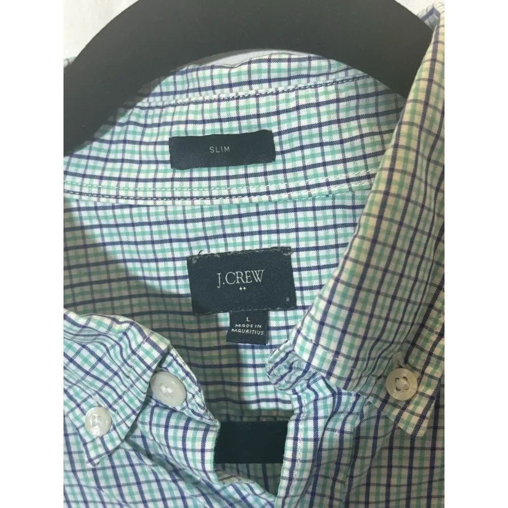 J Crew‎ Men's Dress Shirt L Large Slim Fit Blue Button Down Striped T2